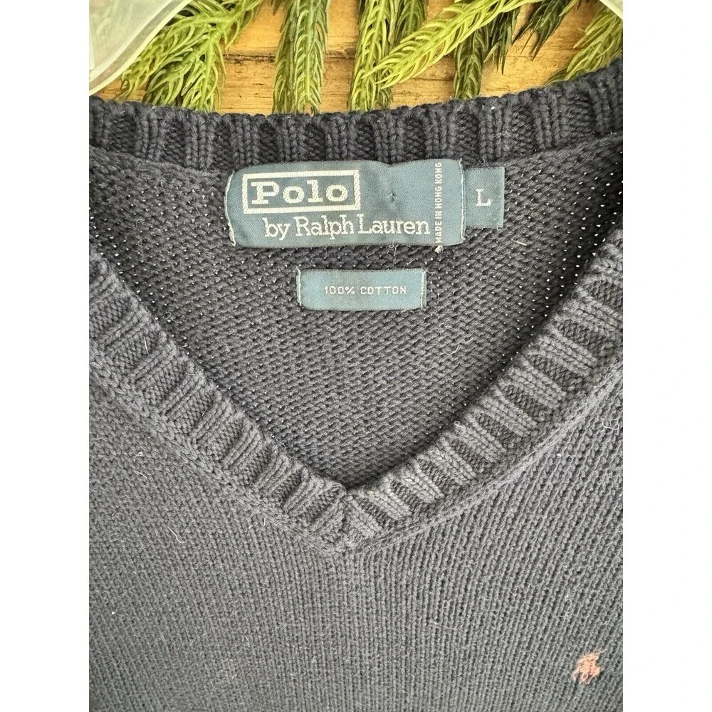 Ralph Lauren Polo Vest Jumper Chunky Knit V Neck Sweater Navy Mens L